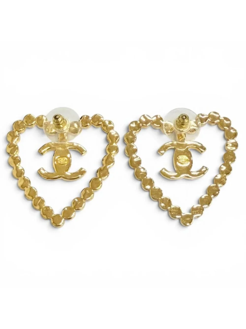 Chanel 23c CC Logo Heart Crystal Rhinestone Earrings Gold